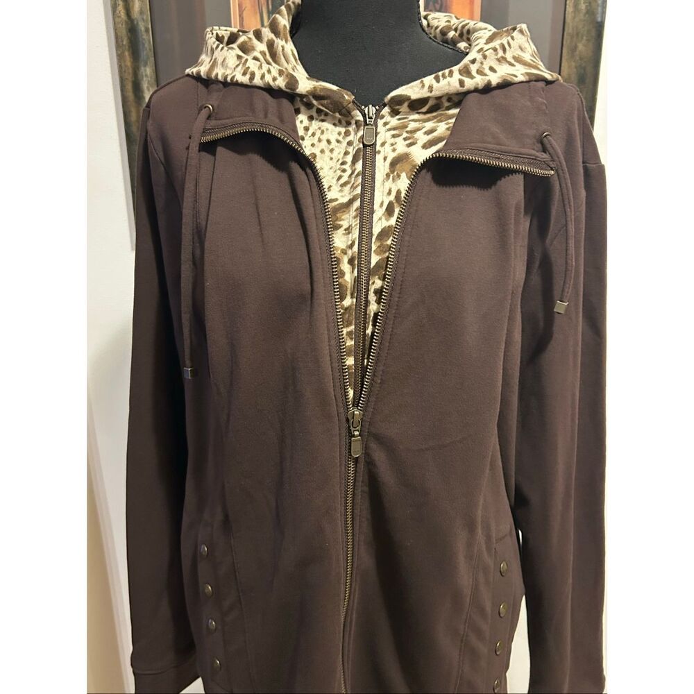 Chico's Zenergy Size 3/US Size XL 16 Brown Full Zip Hoodie Leopard Print Accents